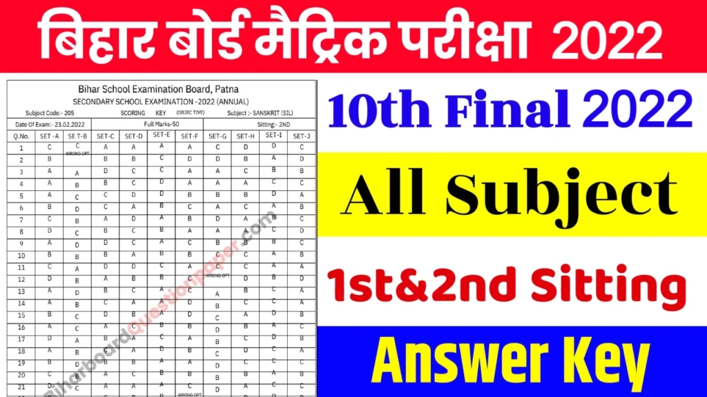 Bihar Board 10th Answer Key 2022 PDF Download