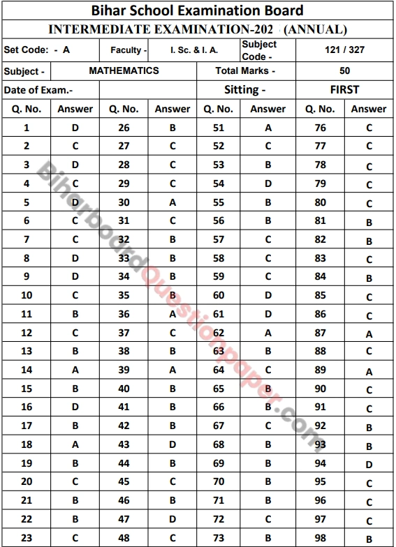 BSEB Class 12th Math Answer Key 2026 Bihar Board