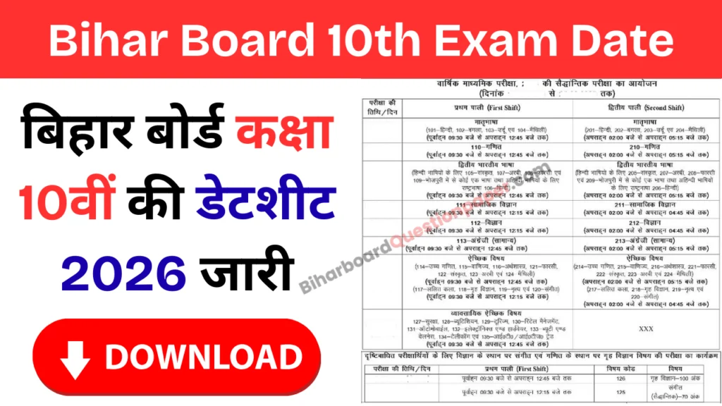 Bihar Board 10th Exam Date 2026 Time Table PDF Download