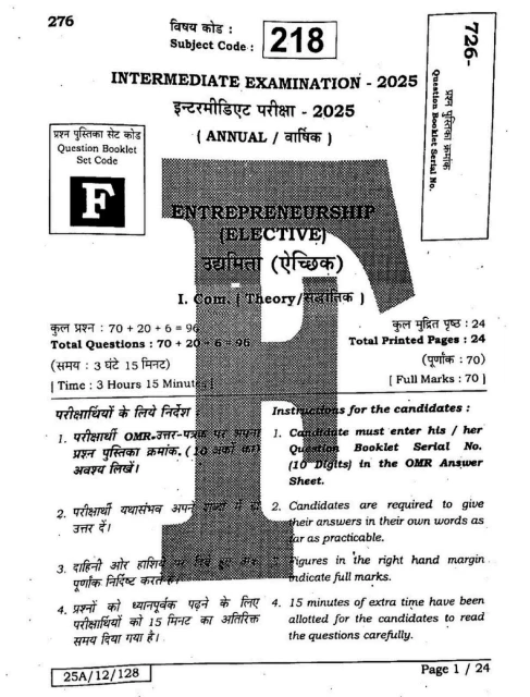 BSEB 12th Entrepreneurship Question Paper PDF Download