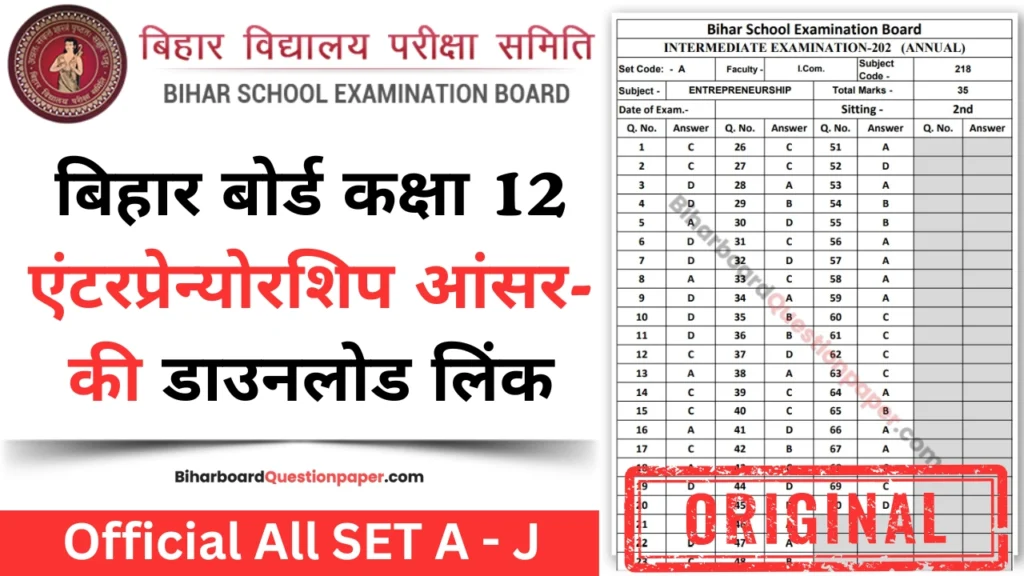 Bihar Board 12th Entrepreneurship Answer Key PDF Download