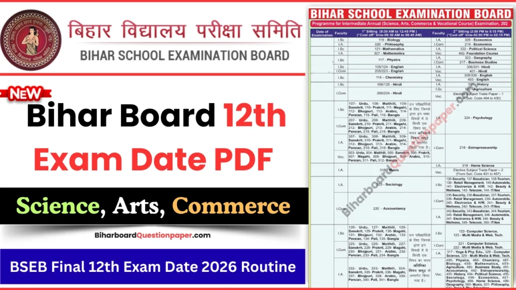 Bihar Board 12th Exam Date 2026 PDF Download