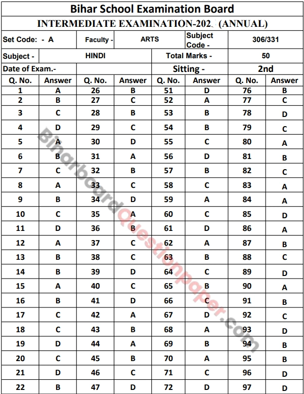 Bihar Board Inter Arts Hindi Exam Key 2026 PDF
